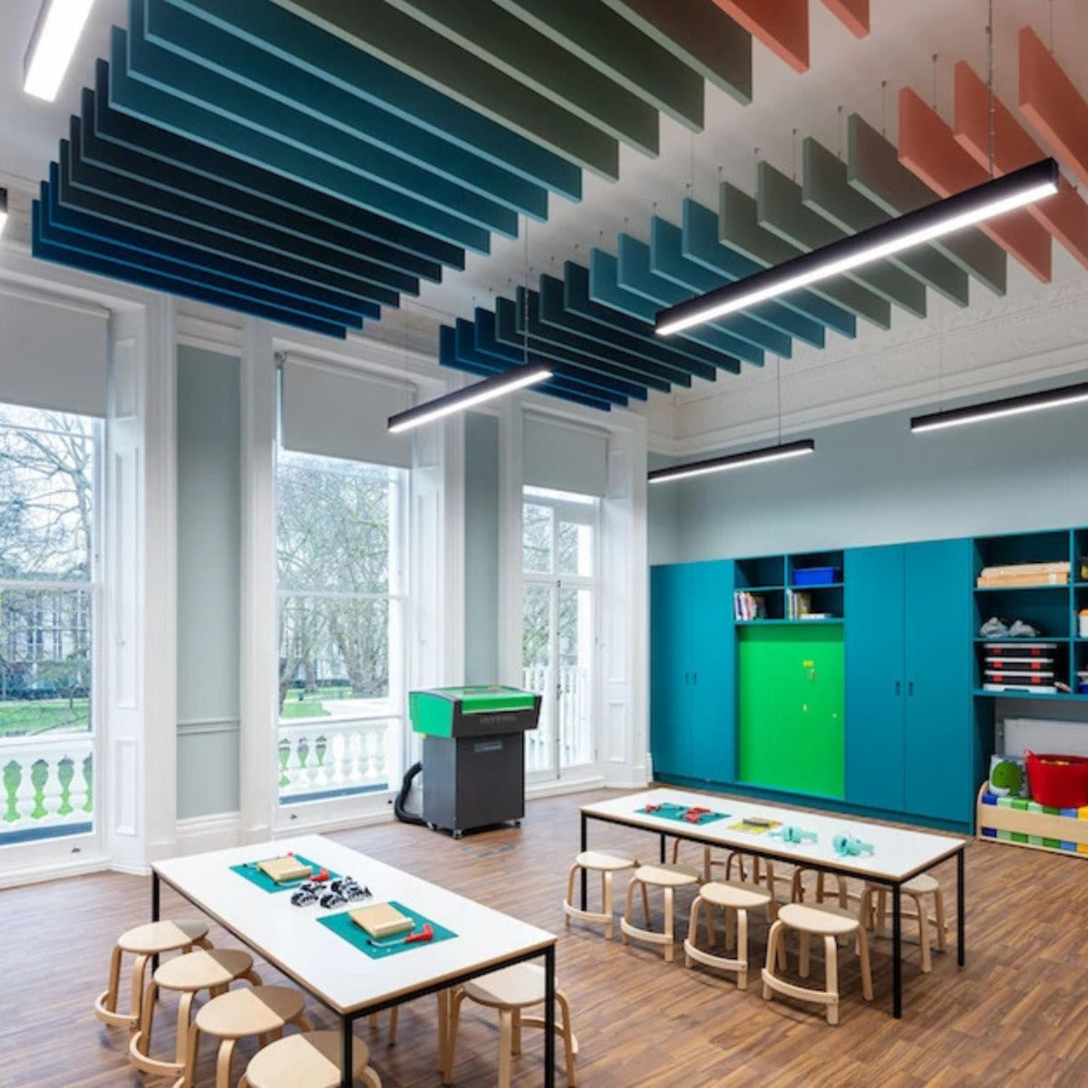 SilentSpace fabric wrapped acoustic ceiling baffles
