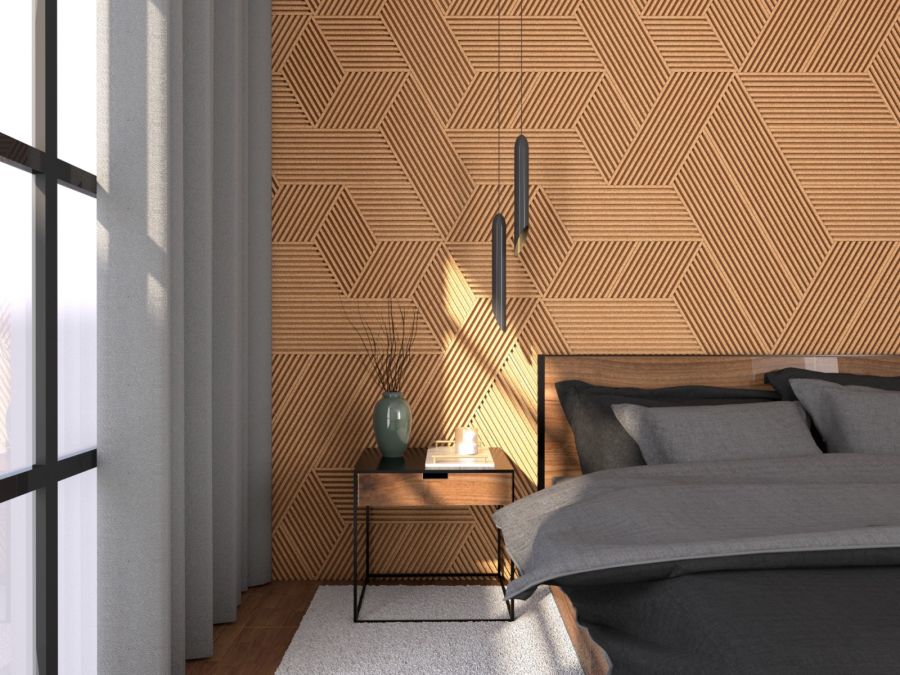 CorkBee Stripe acoustic cork wall panels in a natural colour installed in a bedroom