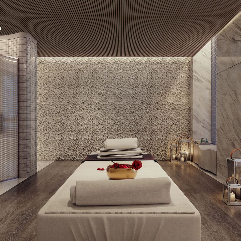 spa room with slatted ceiling